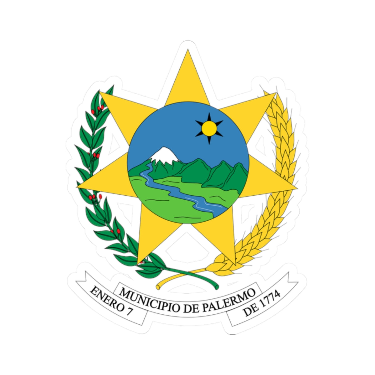 Coat of arms with a gold star, a blue disc showing a snowy mountain and river, wheat and a laurel branch.