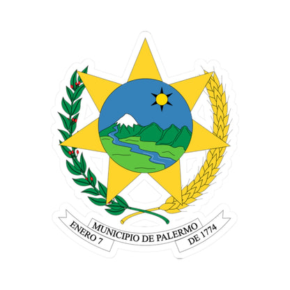 Coat of arms with a gold star, a blue disc showing a snowy mountain and river, wheat and a laurel branch.