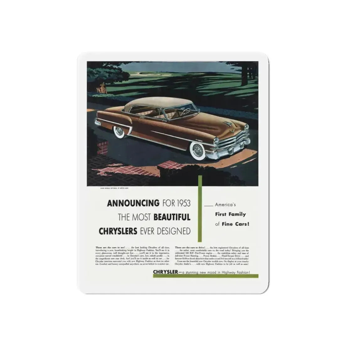 1953 Chrysler ad, Collier's, November 8, 1952 (Magazine Illustration) Refrigerator Magnet 3 Inch Die-Cut - The Sticker Space