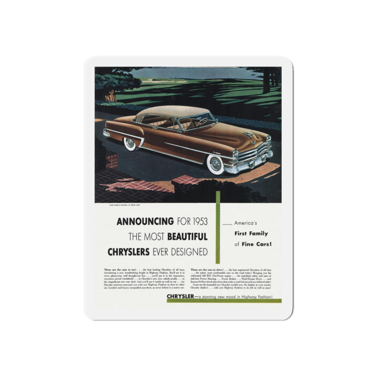 1953 Chrysler ad, Collier's, November 8, 1952 (Magazine Illustration) Refrigerator Magnet-3" x 3"-The Sticker Space