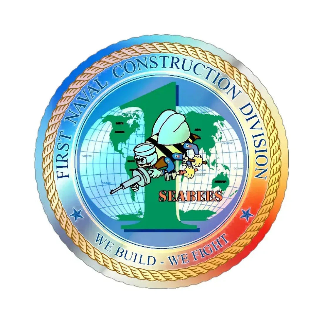 1st Naval Construction Div Seabee (U.S. Navy) Holographic STICKER Die-Cut Vinyl Decal 3 Inch Holographic - The Sticker Space