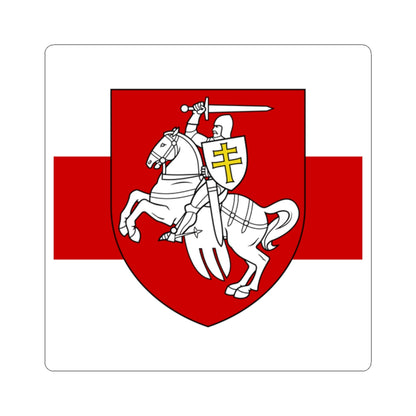 Red heraldic shield with a white rearing horse and a mounted knight raising a sword, on red and white bands.