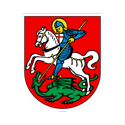 Medieval armoured knight on a white horse lancing a green dragon on a red heraldic shield.