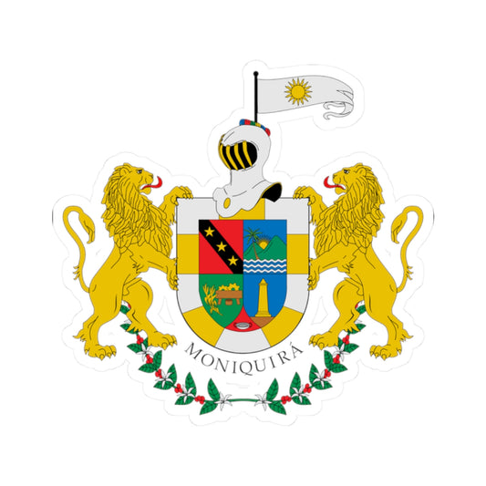 Coat of arms with two golden lions supporting a quartered shield, a knight's helmet above and a coffee branch wreath.