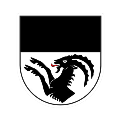 Black dragon with raised wings and a red tongue on a white field below a black band, in a heraldic shield.