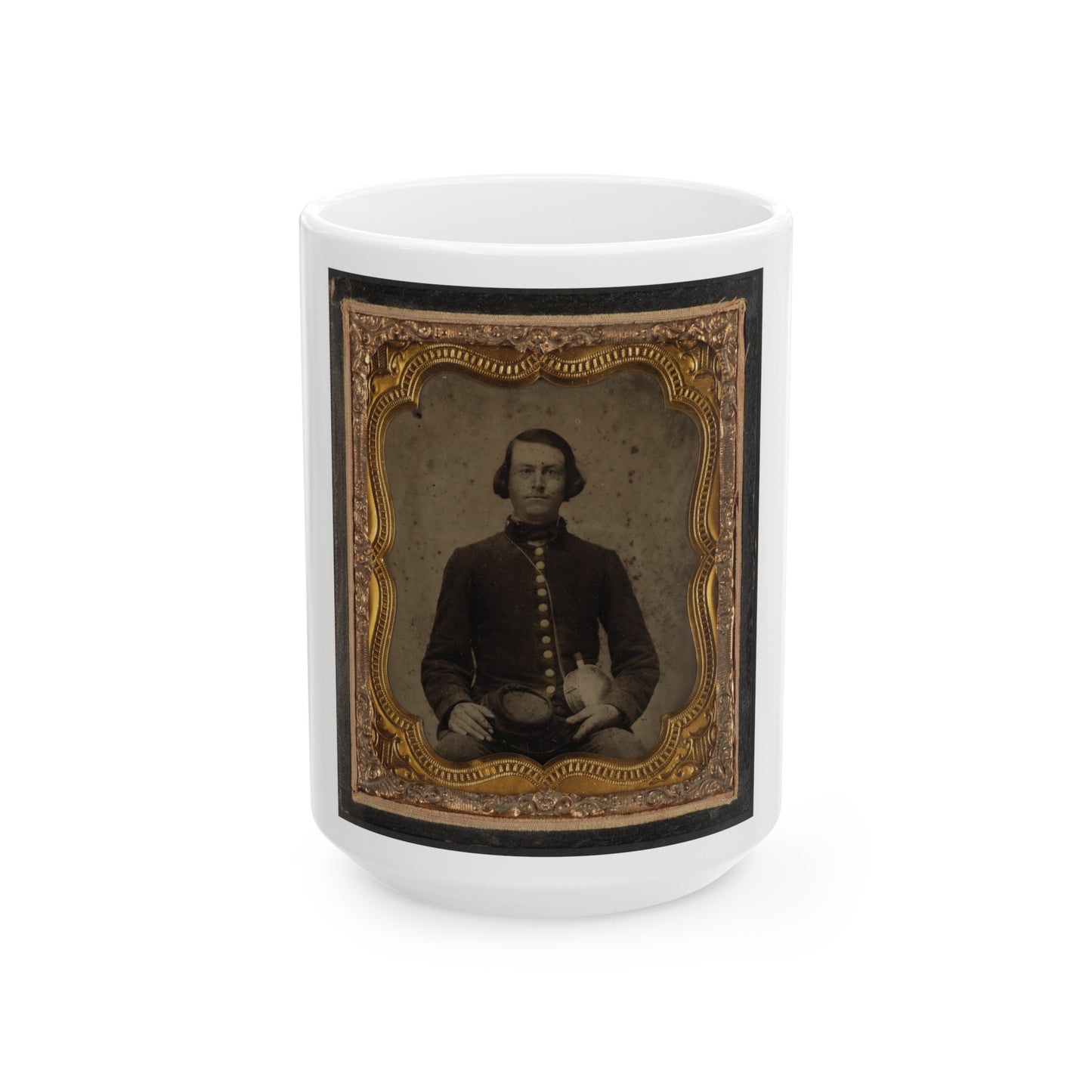 Private Amos Guise Of Co. H, 3rd South Carolina Infantry Regiment, In Uniform With Canteen (U.S. Civil War) White Coffee Mug