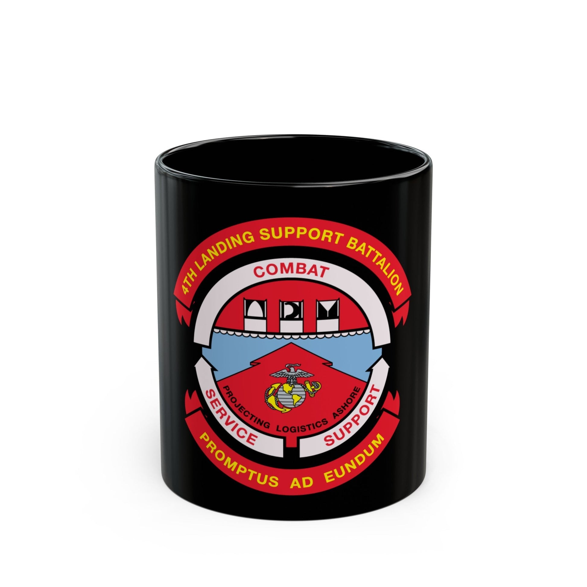 4th Landing Support Battalion Promptus Ad Eundum (USMC) Black Coffee Mug-11oz-The Sticker Space