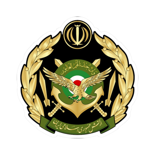 Gold military emblem with a spread eagle, crossed swords and laurel wreath, with Arabic and Persian script on black.