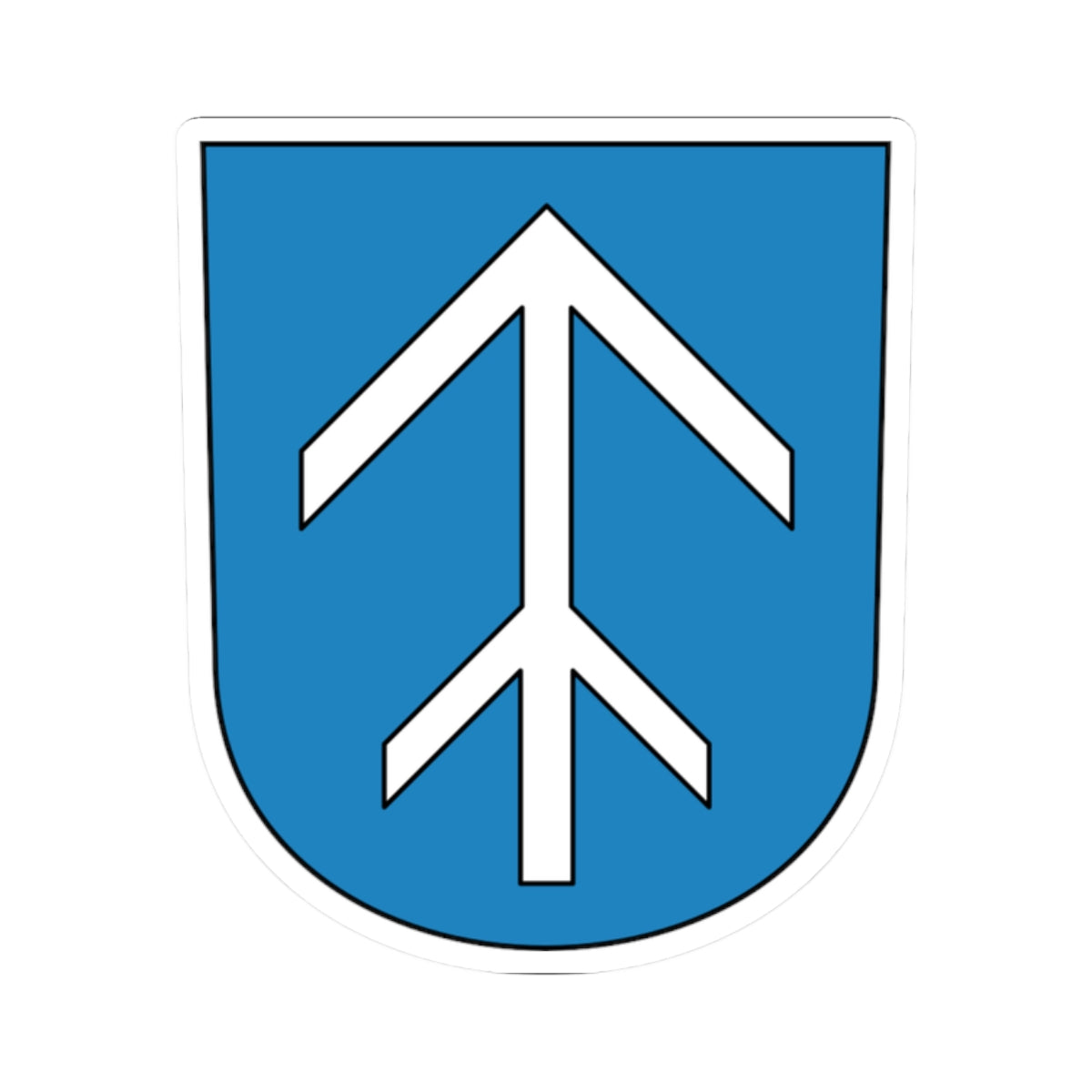 Blue heraldic shield with a large white upward-pointing arrow made of stacked chevron bands.