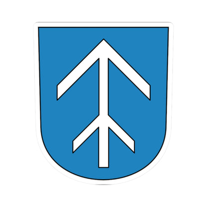 Blue heraldic shield with a large white upward-pointing arrow made of stacked chevron bands.