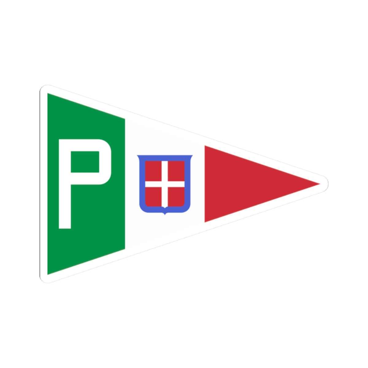 Flat pennant with a green panel bearing a white letter P, a red and white cross shield, and a red triangular tail.