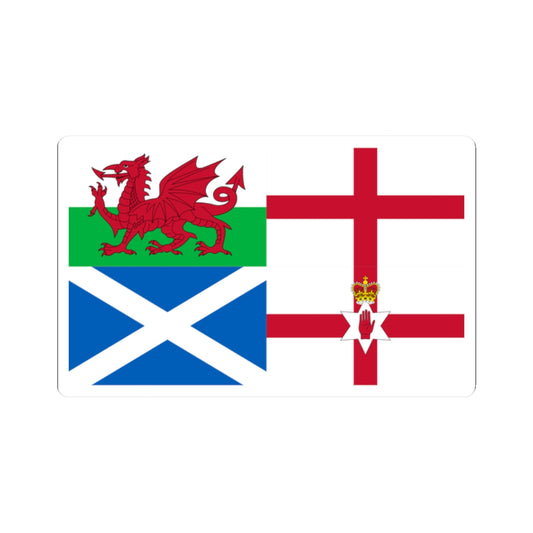 Wales, Scotland and Northern Ireland flags together, showing the Welsh dragon, Scottish saltire and crown badge.