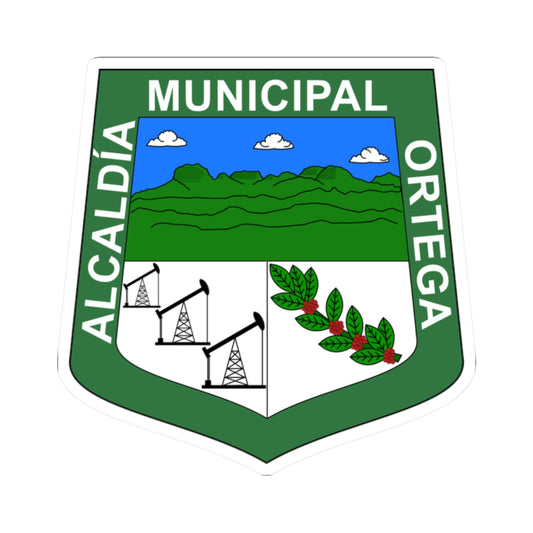 Flat vector emblem on green with pumpjacks, a coffee branch with red berries and mountains under a blue sky.