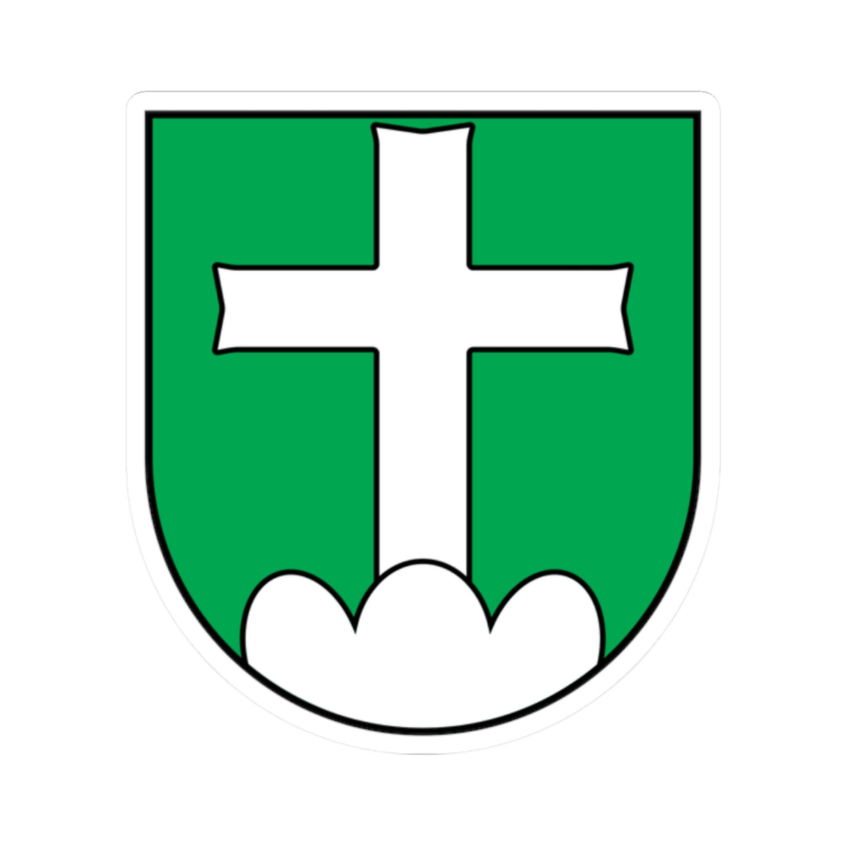 Heraldic shield on green with a large white cross with flared arms standing on three white rounded lobes.