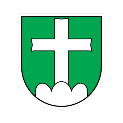 Heraldic shield on green with a large white cross with flared arms standing on three white rounded lobes.