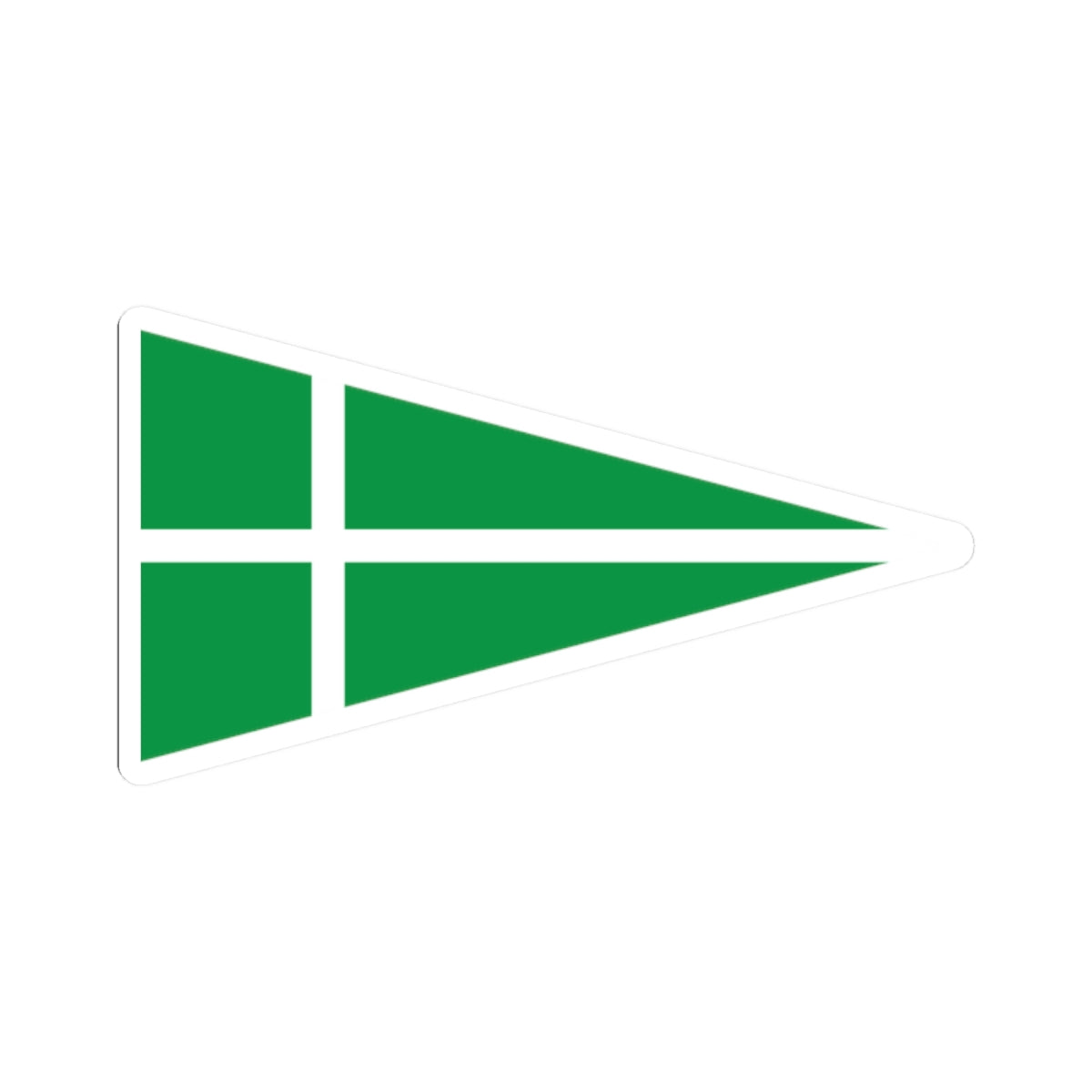 Triangular burgee flag quartered in white and red, with a black heraldic shield bearing twelve gold roundels.