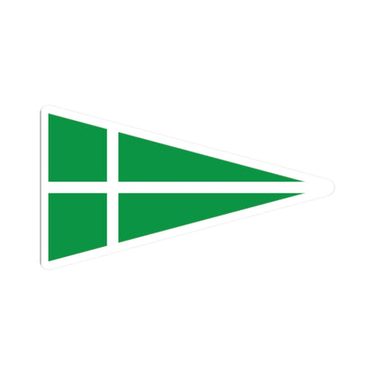 Triangular burgee flag quartered in white and red, with a black heraldic shield bearing twelve gold roundels.
