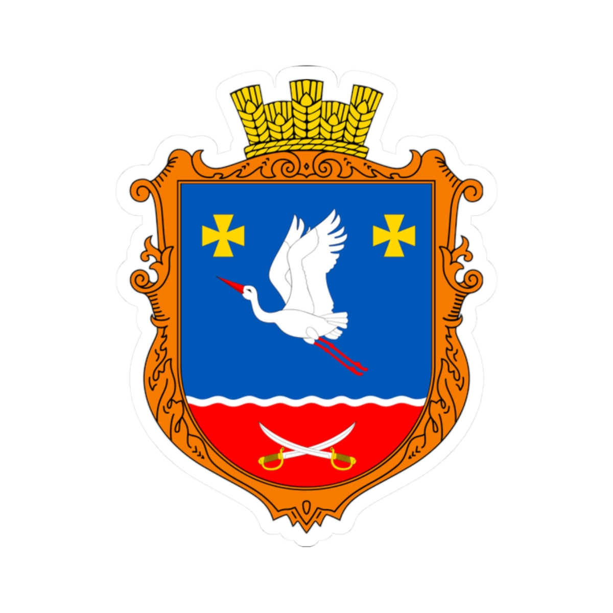 Blue and red heraldic shield with a flying white stork, crossed sabres and gold crosses in an orange frame.