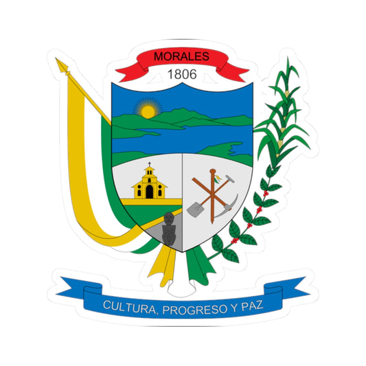 Flat vector coat of arms with a church, sun over green hills and a lake, crossed tools, sugarcane and coffee branches.