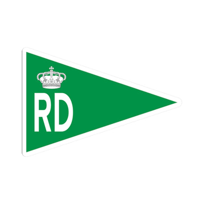 Green triangular pennant bearing a crown above the letters RD, pointing right on a white background.