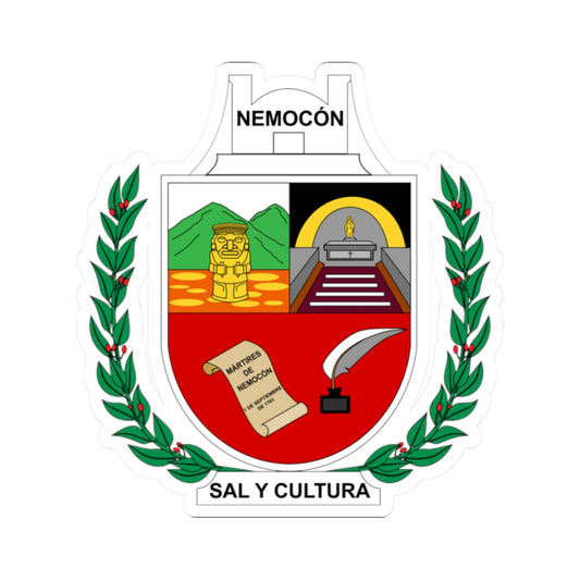 Municipal coat of arms with a golden idol, a tomb, a quill and inkwell, and laurel branches in red and green.