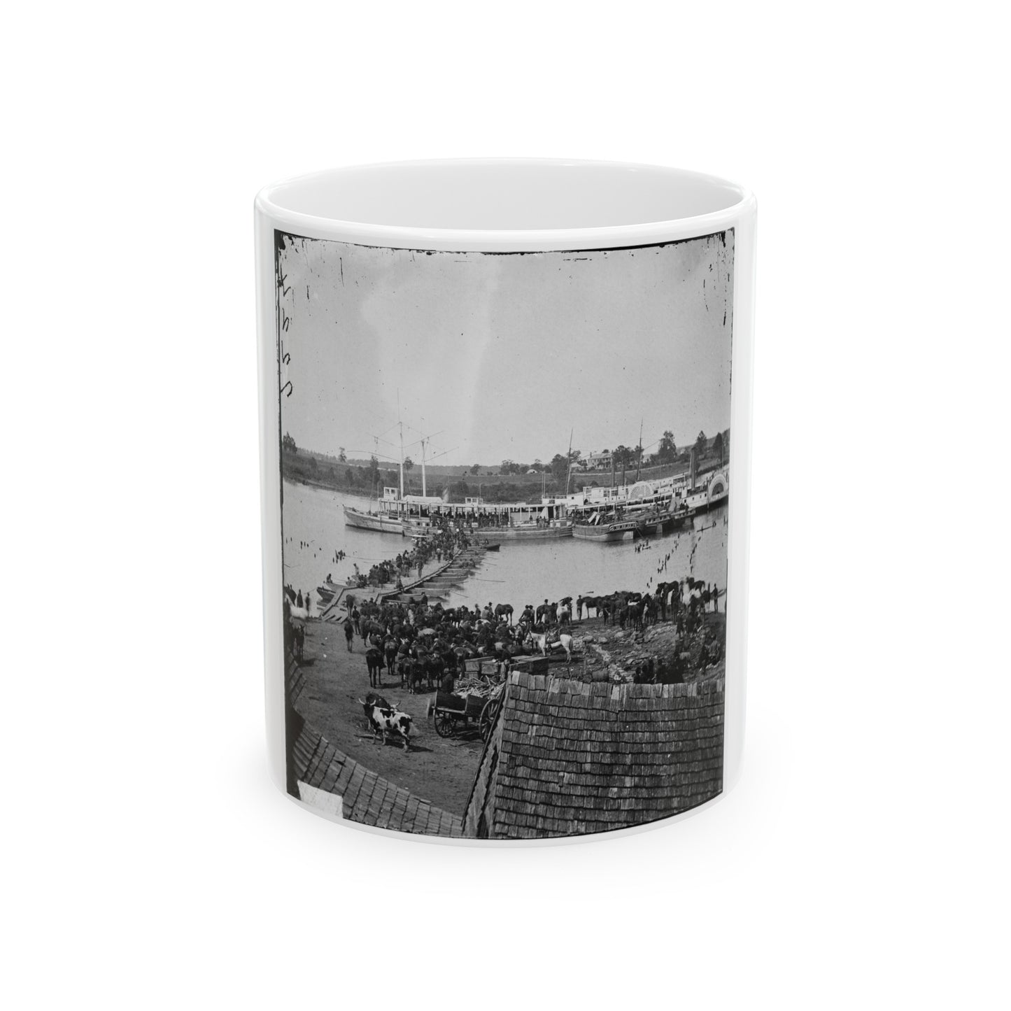 Port Royal, Va. Transports Being Loaded From A Pontoon Bridge During The Evacuation (U.S. Civil War) White Coffee Mug