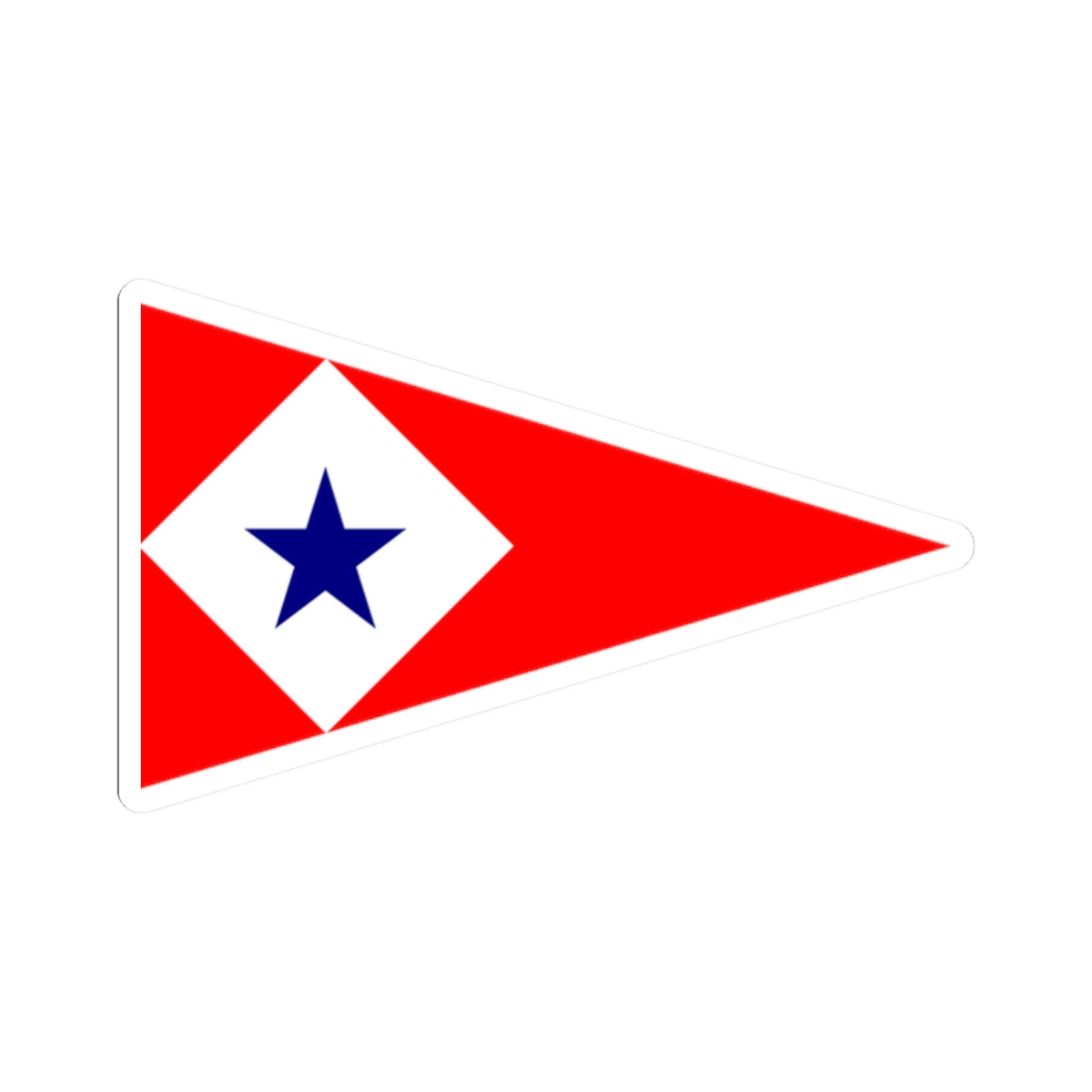 Red triangular pennant with a white diamond in the center holding a blue five-pointed star.