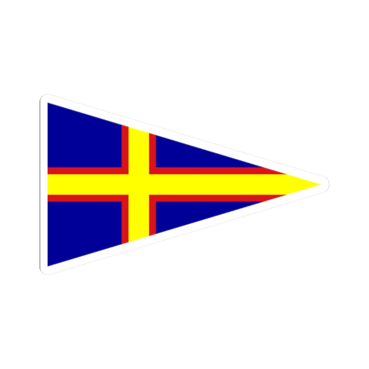 Triangular nautical pennant with a yellow Nordic cross bordered in red on a solid dark blue background.