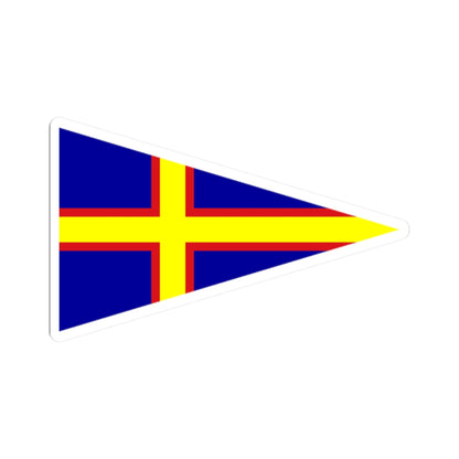 Triangular nautical pennant with a yellow Nordic cross bordered in red on a solid dark blue background.