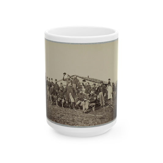 Group Of Soldiers Gathered Outside A Cabin (U.S. Civil War) White Coffee Mug