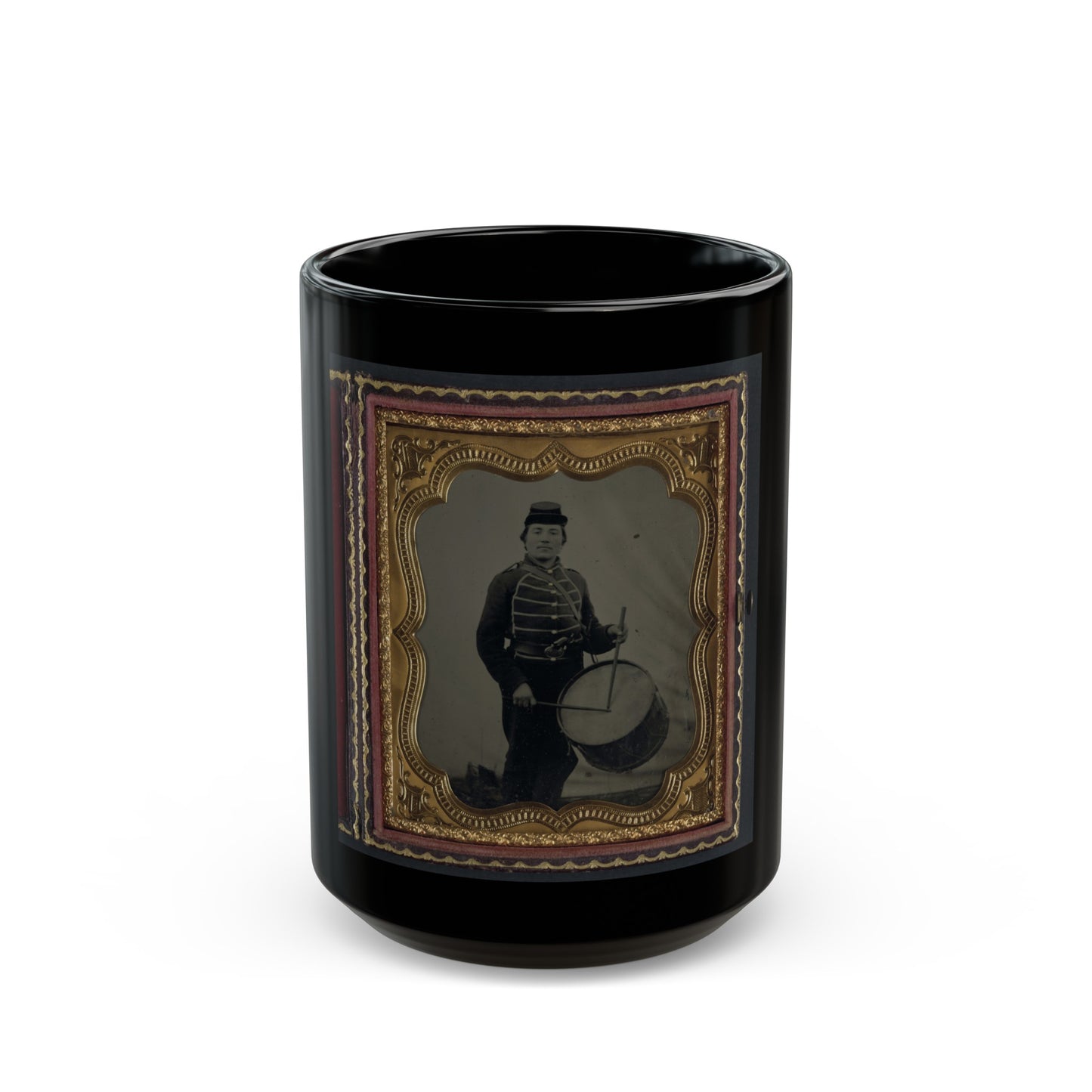 Private William V. Haines Of Company H, 49th Ohio Infantry Regiment, In Uniform And Ohio Volunteer Militia Belt Buckle With Drum (U.S. Civil War) Black Coffee Mug