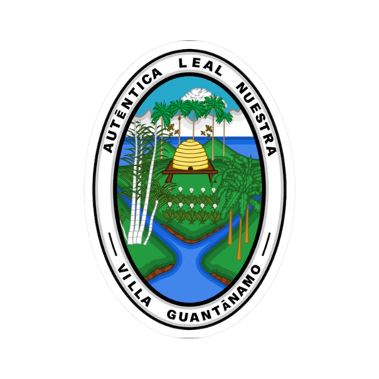 Oval civic seal with a golden beehive, palms, sugarcane and a river in a green landscape, bordered by lettering.