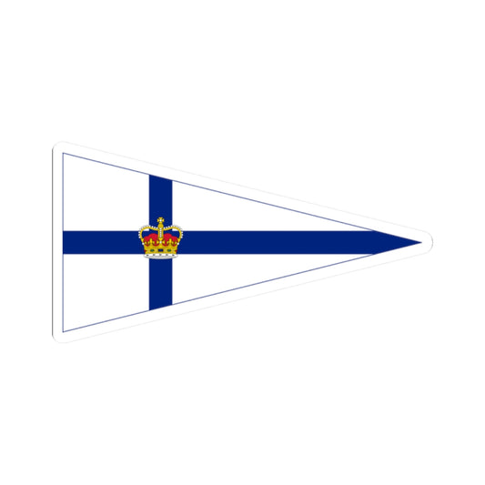 A triangular nautical burgee with a white field, dark blue cross and gold Tudor crown at its centre.