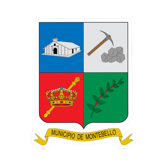 Quartered coat of arms with a church, pickaxe and rocks, a crown with sceptre and a coffee branch in blue and red.