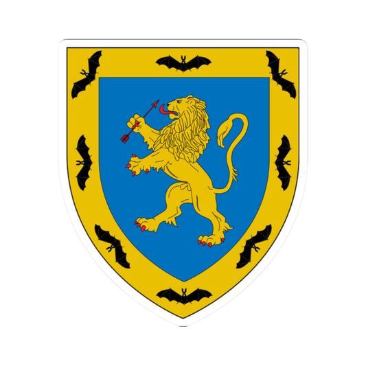 Heraldic shield with a blue field, a gold lion rampant holding an arrow, and black bats on a gold border.