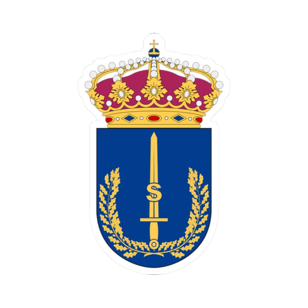 Upright sword with an S monogram between oak branches on a blue shield, beneath a crown.