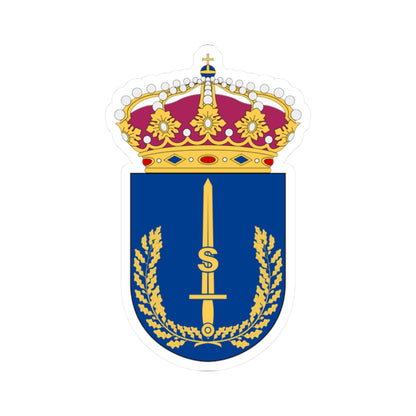 Upright sword with an S monogram between oak branches on a blue shield, beneath a crown.