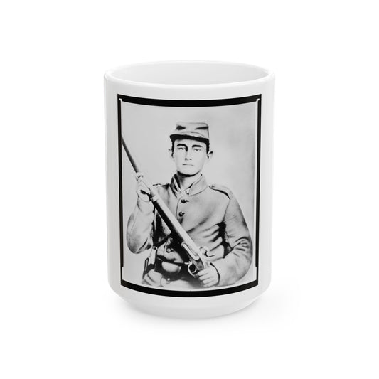 Enoch Hooper Cook, Jr., Pvt, Co. H. 38th Alabama Infantry, C.S.A., Half-Length Portrait, Facing Front Holding Rifle (U.S. Civil War) White Coffee Mug