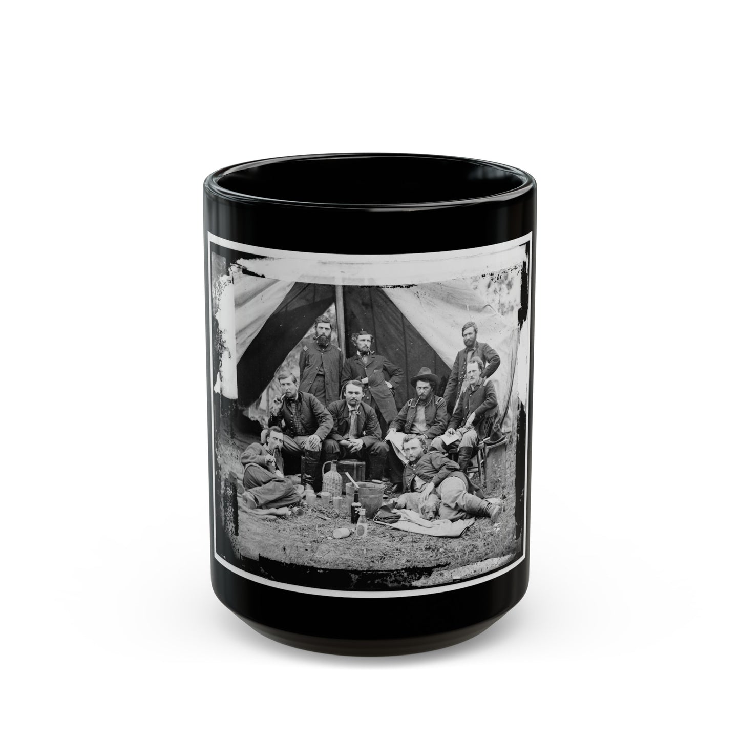 The Peninsula, Va. The Staff Of Gen. Fitz-John Porter; Lts. William G. Jones And George A. Custer Reclining (U.S. Civil War) Black Coffee Mug