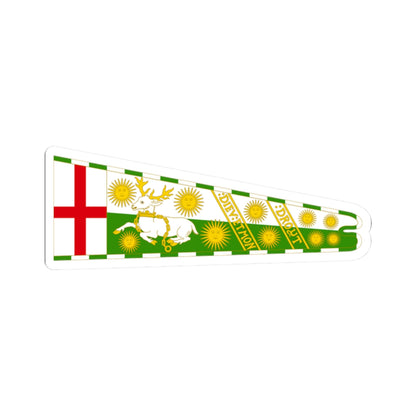 Tapering heraldic pennon with a chained white hart, gold suns and a St George's cross on a checkered green border.
