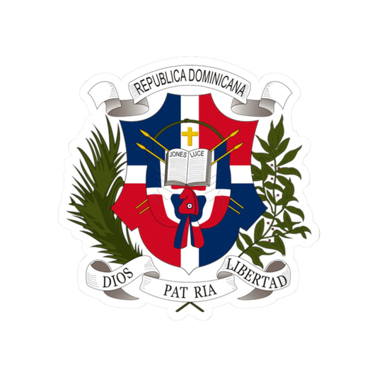 Heraldic shield in blue, white and red with an open book and cross, flanked by palm and laurel branches and ribbons.