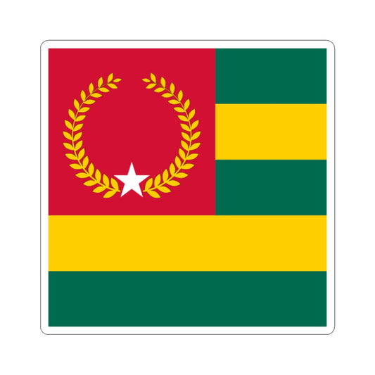Square flag with a red canton holding a gold laurel wreath around a white star, beside green and gold stripes.