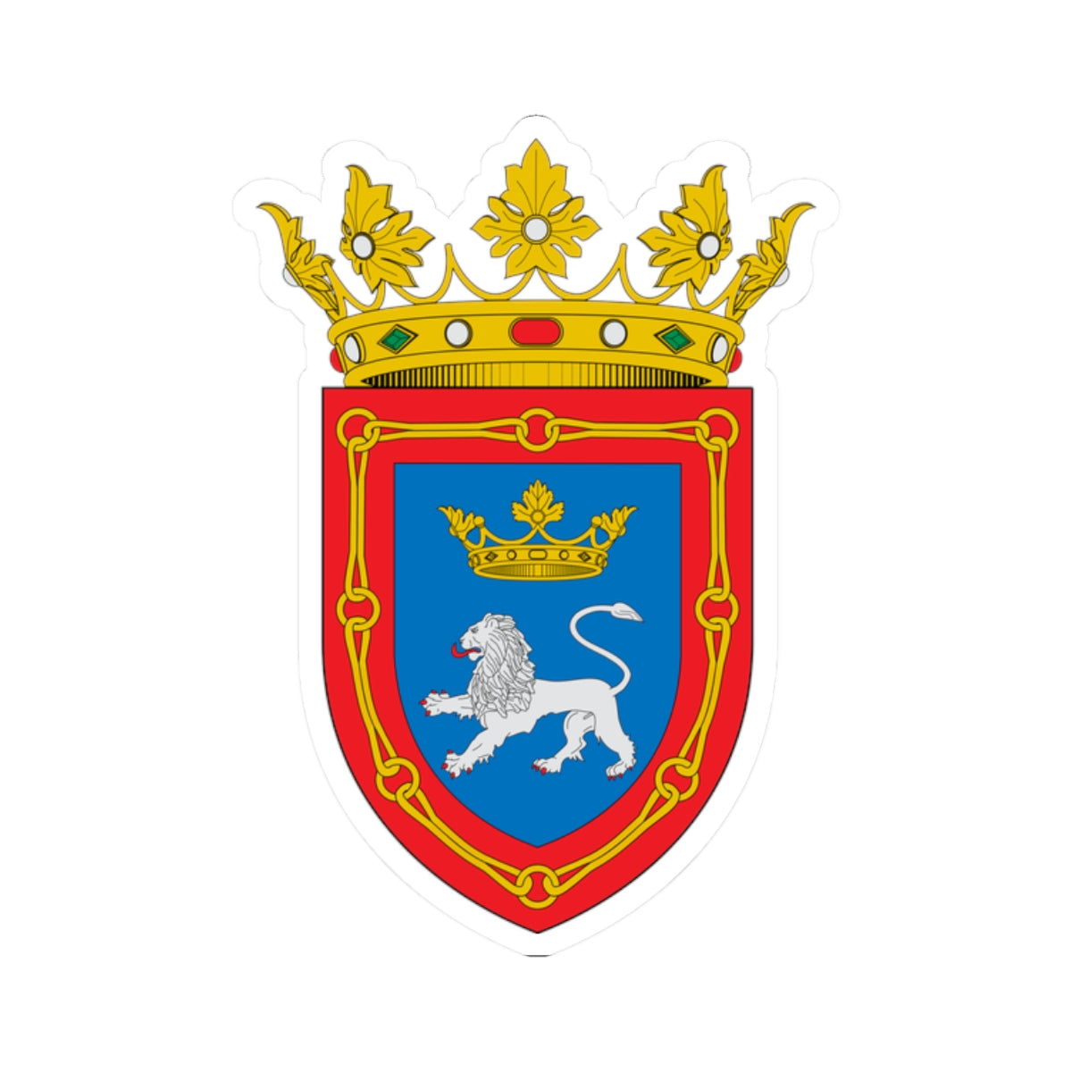 Red heraldic shield with a gold chain border, a silver lion rampant on blue, and a gold crown above.