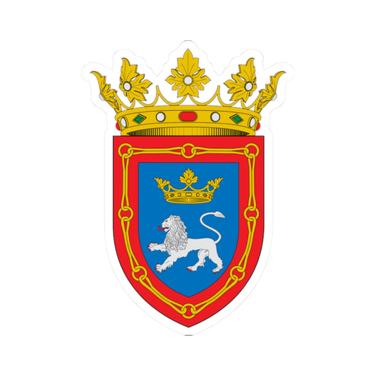 Red heraldic shield with a gold chain border, a silver lion rampant on blue, and a gold crown above.