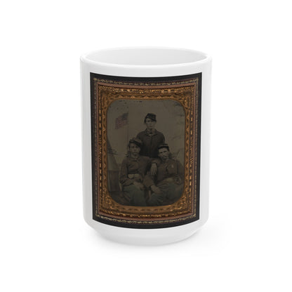 Three Unidentified Soldiers In Union Uniform In Front Of Painted Military Camp Scene Backdrop (U.S. Civil War) White Coffee Mug