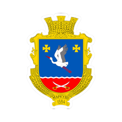 Heraldic coat of arms with a white stork in flight over blue, crossed sabres on red and gold crosses.