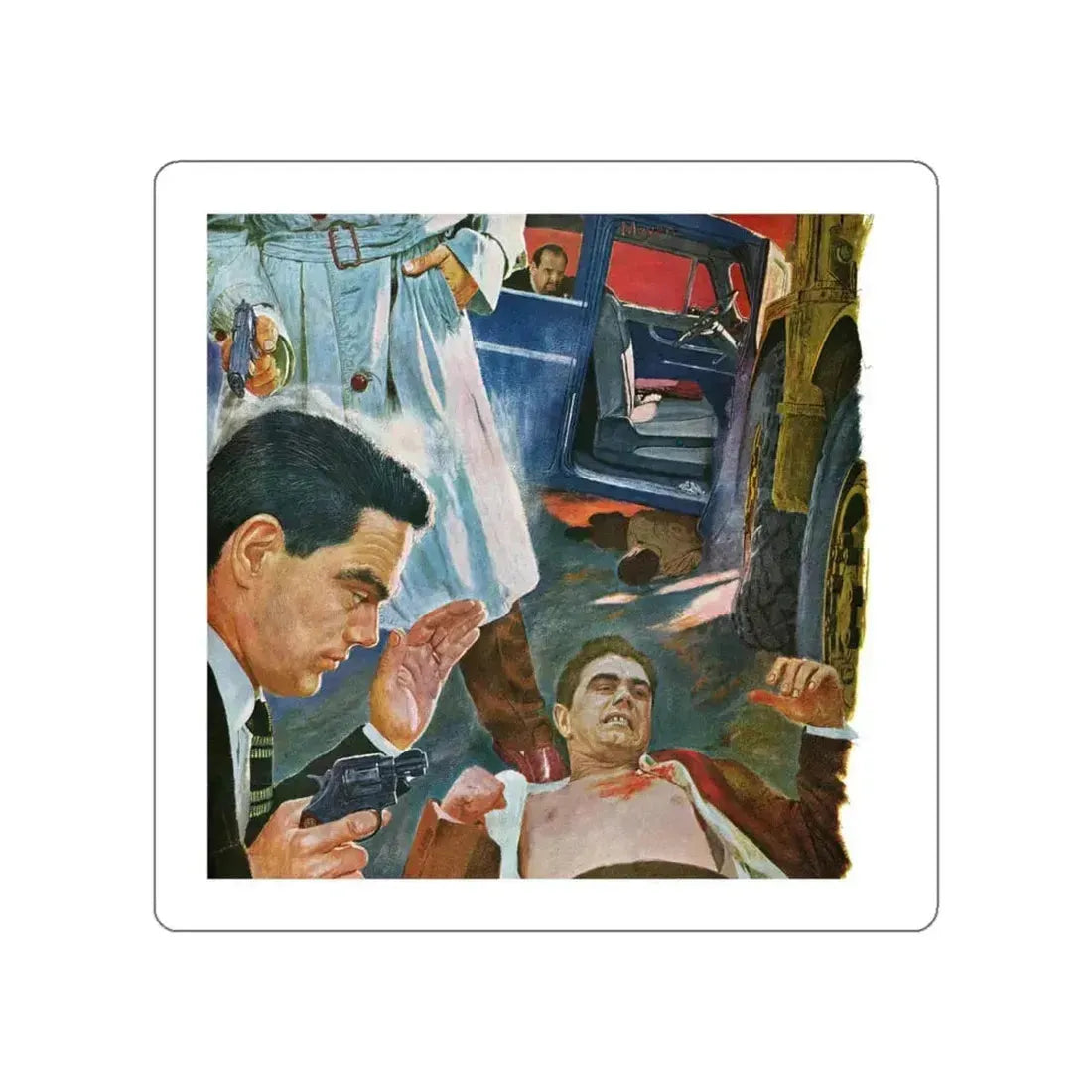 A Bad Day For O'Banion by Daniel Knapp, The Saturday Evening Post, 1960 (Magazine Illustration) STICKER Vinyl Die-Cut Decal White Die-Cut 5 Inch - The Sticker Space