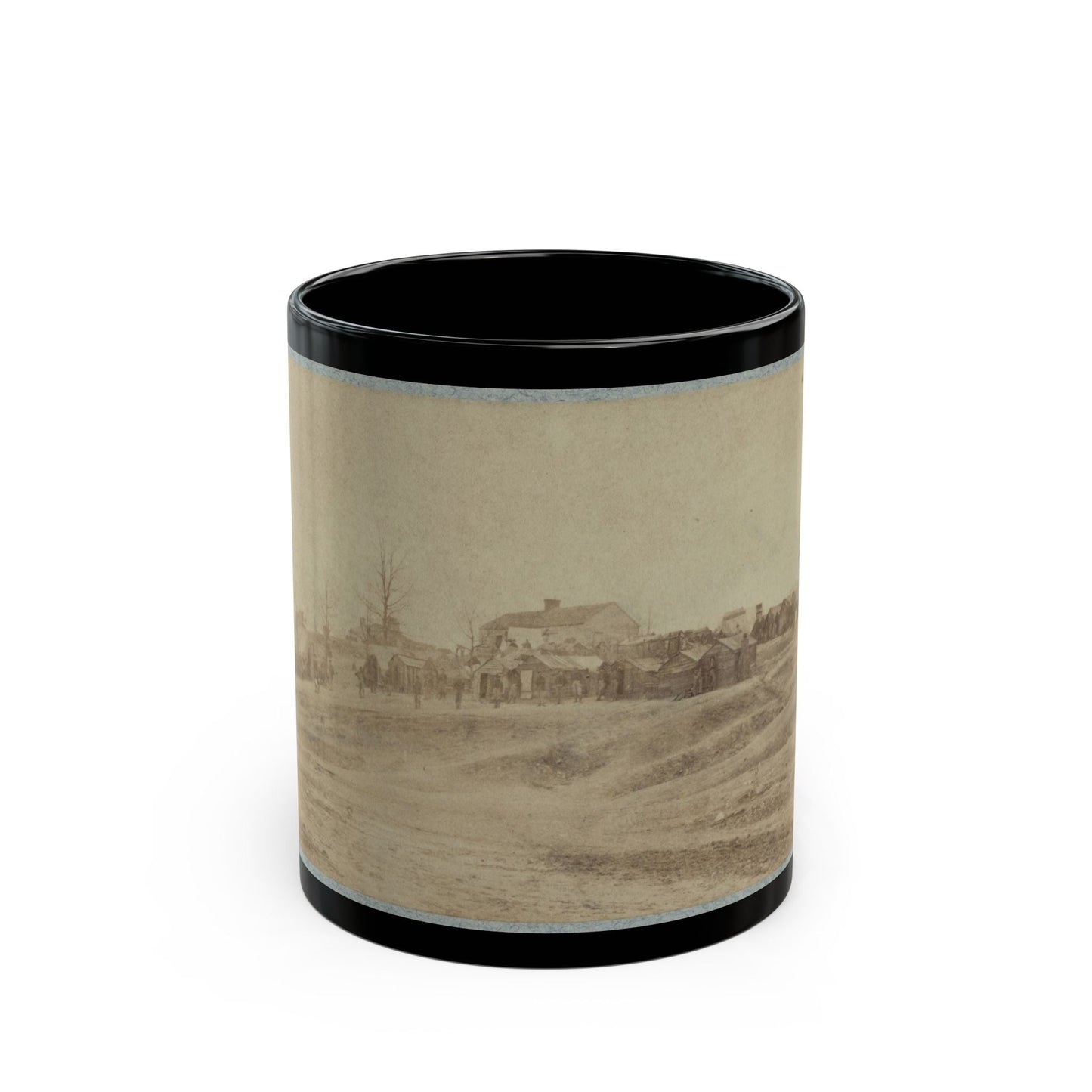 A Camp Made Up Of Small Cabins That Surround A Large Building (U.S. Civil War) Black Coffee Mug