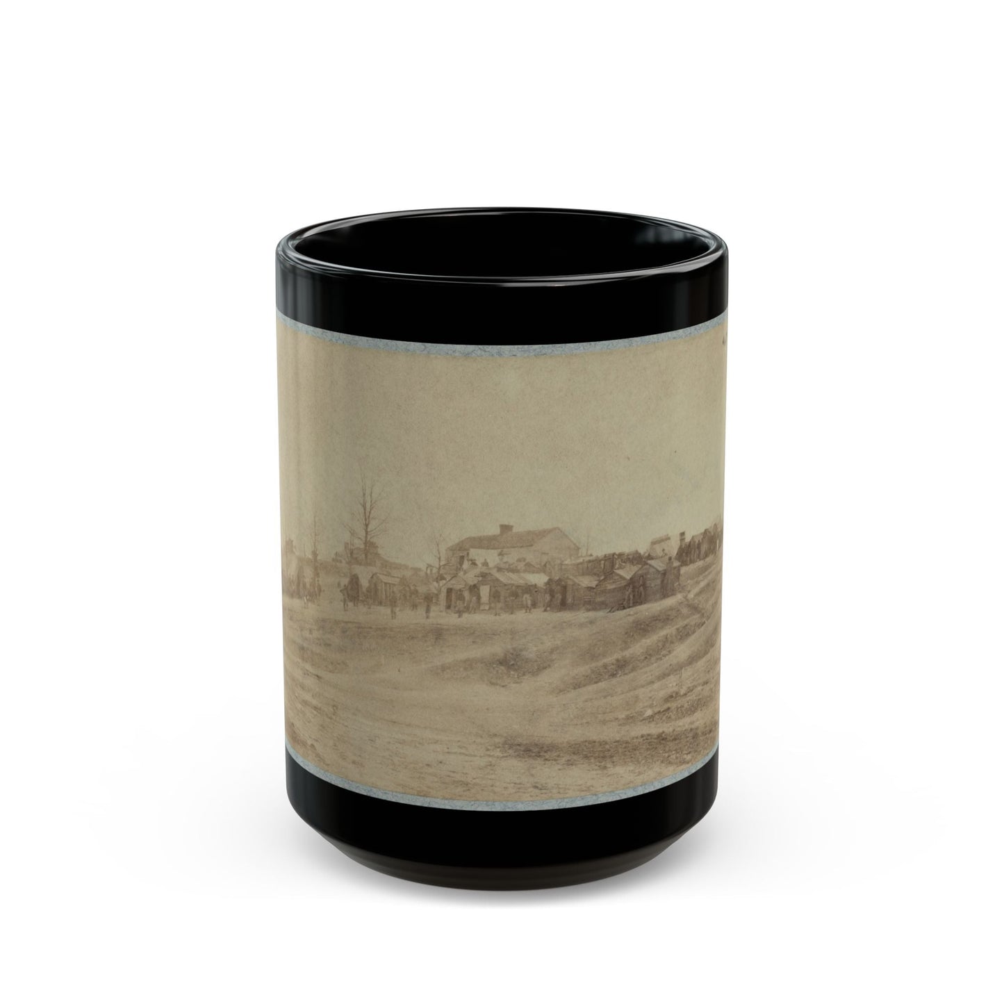 A Camp Made Up Of Small Cabins That Surround A Large Building (U.S. Civil War) Black Coffee Mug