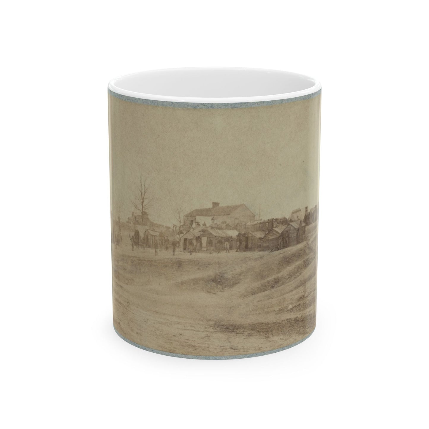 A Camp Made Up Of Small Cabins That Surround A Large Building (U.S. Civil War) White Coffee Mug